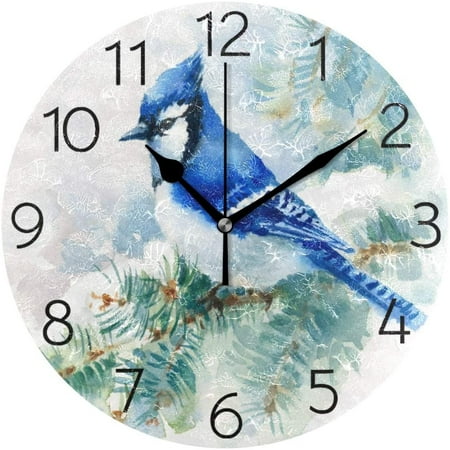 Hidove Watercolor Bird Blue Jay Wall Clock 9.8 Inch Silent Round Wall Clock Battery Operated Non Ticking Creative Decorative Clock for Kids Living Room Bedroom Office Home Decor