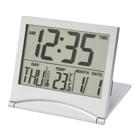 Home Decor Digital Travel Alarm Clock Foldable Calendar Temperature & Timer Lcd Clock With Snooze Mode Large Number Display Battery Operated Silver