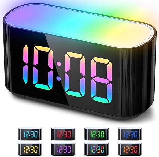 HOUSBAY Digital Alarm Clock for Bedroom, 9 Colors Dynamic Night Light, Large LED Display Number with 10 Colors Changing, Dimmer