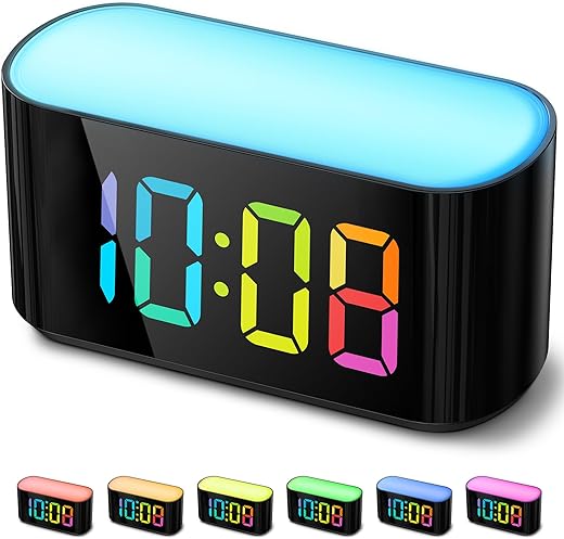 HOUSBAY Rainbow Digital Alarm Clock for Bedroom, Large Display with Dimmer, Large Night Light with 7 Colors, Colorful Clock with Dual Alarm