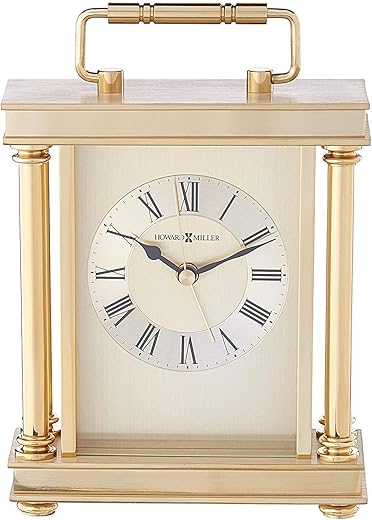 Howard Miller Audra Table Clock 645-584 – Brushed & Polished Brass Finishes, Decorative Handle, Black Accents, Modern Home Decor, Quartz Alarm Movement