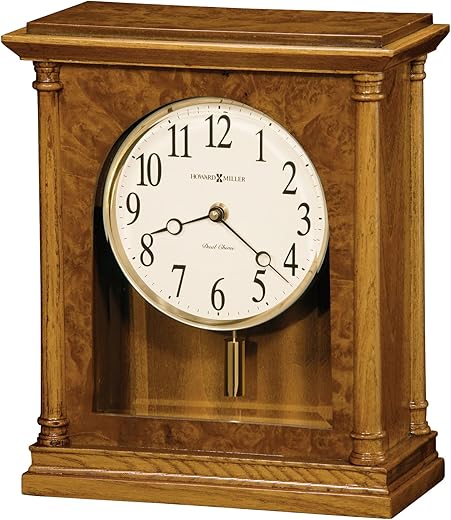 Howard Miller Carly Mantel Clock 635-132 – Golden Oak Finish, Antique Home Decor, Brass-Finished Cylindrical Pendulum, Volume Control, Quartz, Dual-Chime Movement