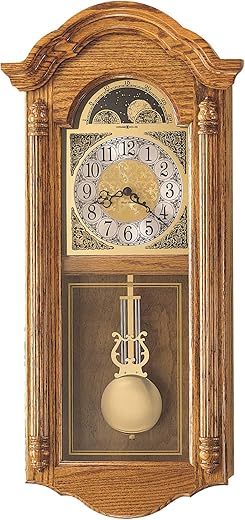 Howard Miller Clay Wall Clock II 547-468 – Golden Oak, Brass Pendulum Home Decor with Quartz Dual-Chime Movement