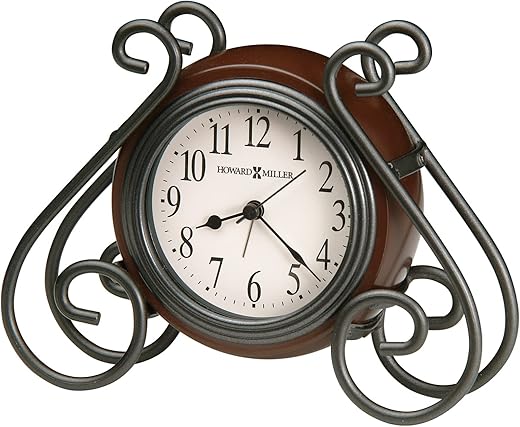 Howard Miller Diane Table Clock 645-636 – Black Metal Wire Frame with Medium Brown Case, Illuminated Dial, Glass Crystal, Antique Home Décor, Quartz, Alarm Movement