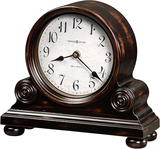 Howard Miller Murray Mantel Clock 635-150 – Vintage Worn Balck Finish with Brown Undertones, Applied Rosettes & Bun, Quartz, Triple-Chime Harmonic Movement