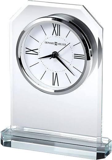 Howard Miller Quincy Table Clock 645-823 – Crisp Starphire Glass, Crystal Base, White Dial, Black Roman Numerals, Modern Home Décor, Quartz Alarm Movement