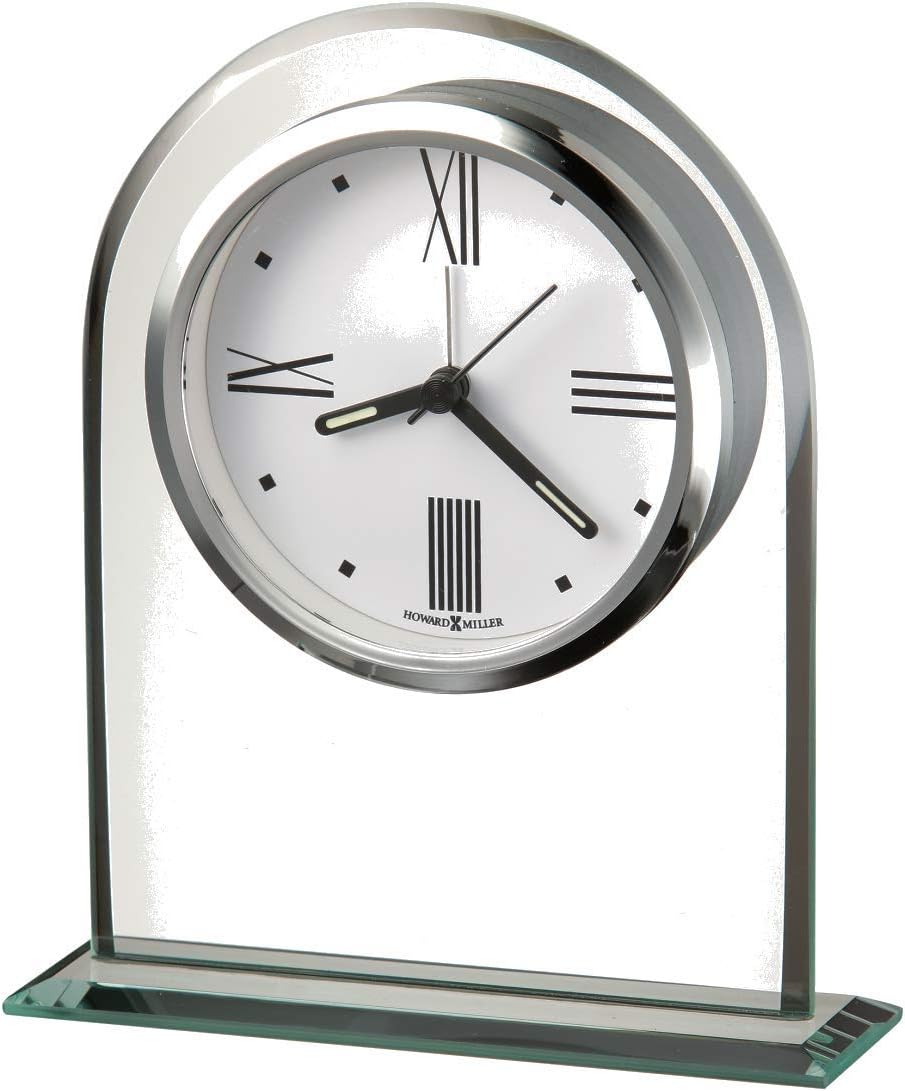 Howard Miller Regent Table Clock 645-579 – Beveled Glass Arch Timepiece, Glass Base Mount, Black Accents, White Dial, Modern Home Decor, Quartz Alarm Movement