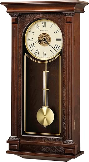 Howard Miller Sinclair Wall Clock 625-524 ? Cherry Finish Bordeaux, Inverted V-Matched Tweak Wood Veneer, Brass Finish Grid Pendulum, Quartz, Triple-Chime Movement