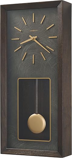 Howard Miller Tegan Rectangle Wall Clock 625-779 – Satin Espresso Finish, Select Veneers, Blackened Steel Dial, Gold Finished Accents, Battery-Operated Westminster Chimes, Modern Wall Clock