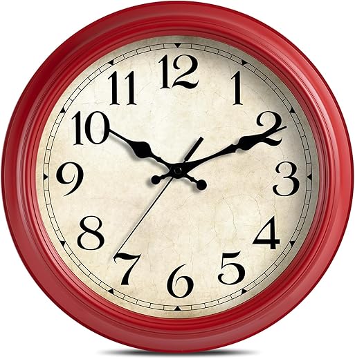 HYLANDA Wall Clock, 14 Inch Red Wall Clocks Battery Operated, Kitchen Vintage Clocks Silent Non Ticking, Farmhouse Retro Country Clocks Decorative for Bedroom, Living Room, Home(14