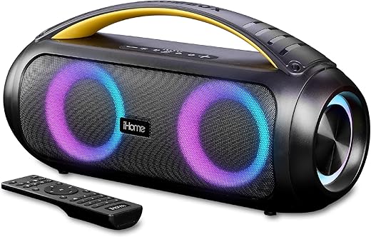 iHome Bluetooth Speaker Boombox with FM Radio, Color Changing Lights and Remote Control, Splash-Proof Portable and Rechargeable Wireless Speaker (iBT920B.EXv24)