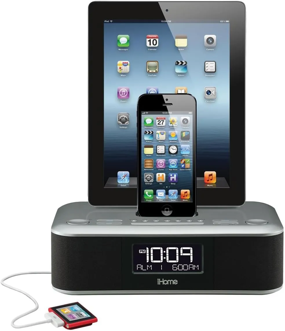 iHome iDL100 Lightning Dock Triple Charging FM Clock Radio with USB Charge/Play