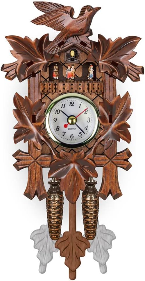 ikasus Quartz Cuckoo Clock Wall Cuckoo Clock Traditional Chalet Clock Antique Wooden Pendulum Time Display Cuckoo Bird Hanging Clock Wall Decoration for Home Bedroom Living Room Office Type 15