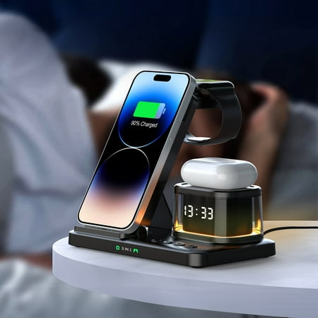 Ikohbadg Wireless Charging Dock with Digital Alarm Clock - Multi-Device Charging Stand for iOS & Android (15W)