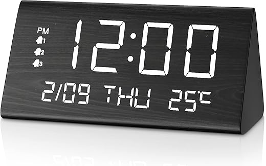 JALL Digital Alarm Clock, with Wooden Electronic LED Time Display, 3 Alarm Settings, Weekday/Weekend Mode, Temperature Detect, Wood Made Electric Clocks for Office, Bedroom, Bedside (Black)