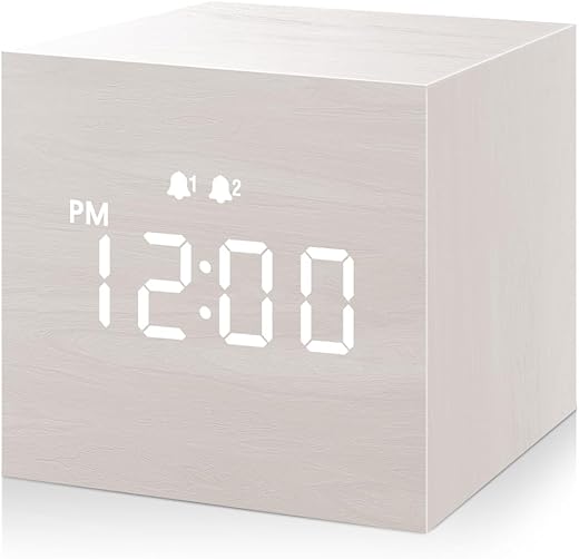 JALL Digital Alarm Clock, with Wooden Electronic LED Time Display, 3 Alarm, 2.5-inch Cubic Small Mini Wood Made Electric Clocks for Bedroom, Bedside, Desk, White