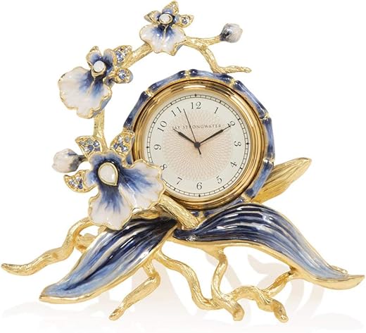 Jay Strongwater Tara Delft Garden Indigo Blue Orchid Mantle Table Clock #sdh6059-284