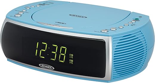 Jensen Sky Blue Modern Home CD Tabletop Stereo Clock Digital AM/FM Radio CD Player Dual Alarm Clock CD Top-Loading Player | USB Charging Port DV 5V 800mA | Headphone Jack | 0.9 Display Green LED