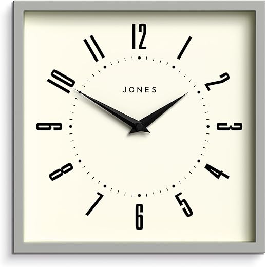 JONES CLOCKS® Box Wall Clock | Retro Square Clock | 10 inch | Grey | Easy to Read Numbers | Perfect Kitchen Clock or Office Clock