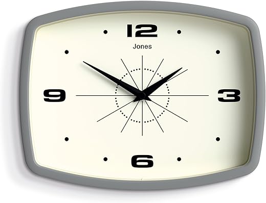 JONES CLOCKS® Movie Wall Clock | Retro Rectangular Clock | 10 inch | Grey | Cool Designer Look for Kitchen, Living Room or Office