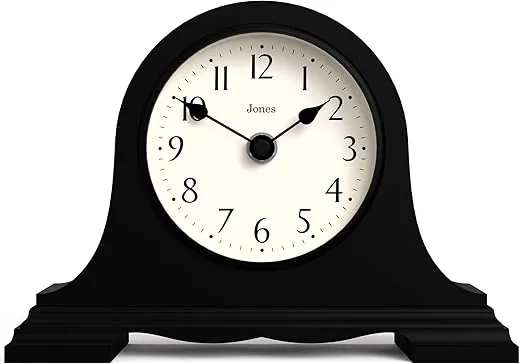 JONES CLOCKS® Speakeasy Mantel Clock - A Classic Mantlepiece Clock - Clocks for Living Room - Office Clock - Desk Clock - Black Hands - Arabic Dial (Black)