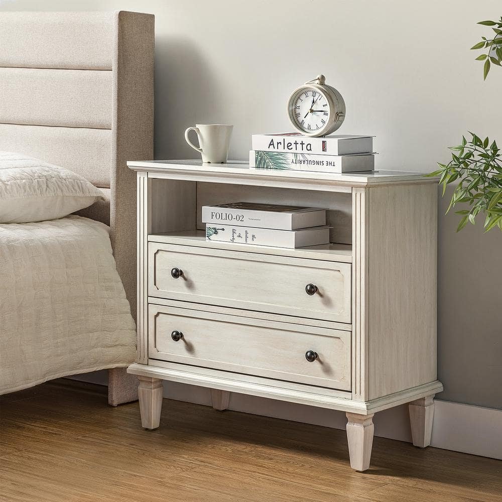 Juiien Traditional Farmhouse Solid Wood 2 Drawers Storage Nightstand with Charging Station...