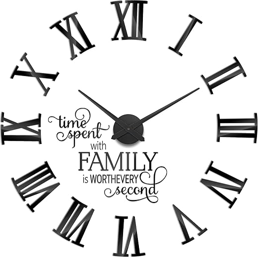 Junkin Large 3D DIY Wall Clock, Roman Numeral Design, Black, Frameless, Adjustable Size, 23.62-47.24 Inches