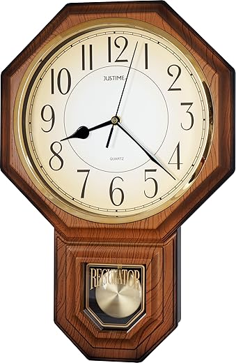 JUSTIME Traditional Schoolhouse Arabic Pendulum Wall Clock Chimes Hourly with Westminster Melody Made in Taiwan (PP0258-ALW Light Wood Grain)