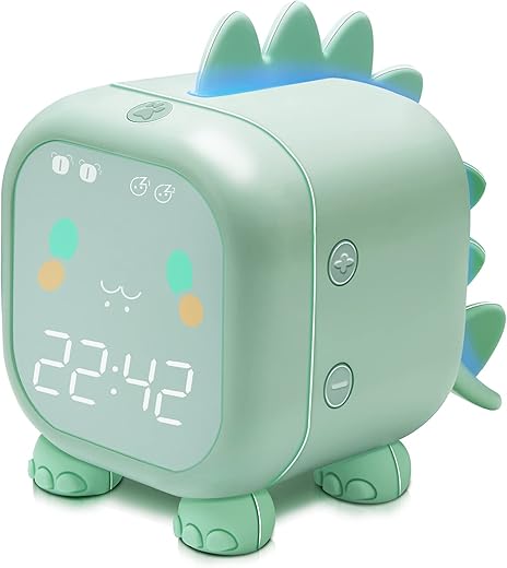 Kids Alarm Clock with Dinosaur, Digital Alarm Clock for Kids Bedroom, Cute Bedside Clock Children's Sleep Trainier, Wake Up Light and Night Light with USB for Boys Girls Birthday Gifts. (Green)