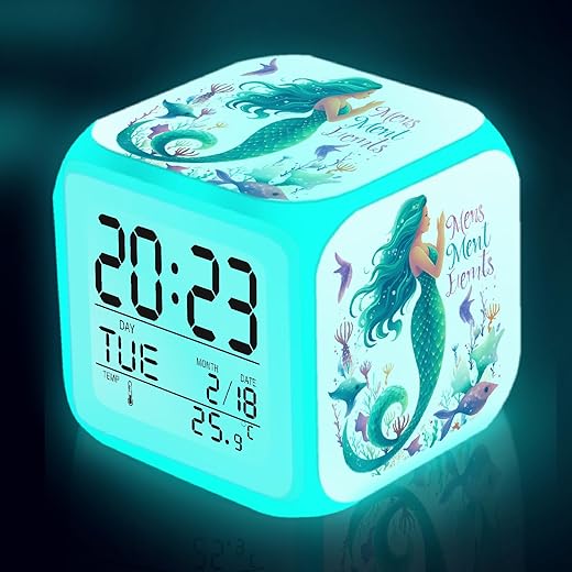 Kids Alarm Clock with Mermaid Pattern, Battery Operated Glowing Desktop Alarm Clock for Girls Age 6-13 Bedroom Table Study Decor Gift Ideas (3.15x3.15x3.15inch)