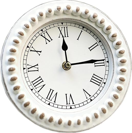 KOREEN'S Farmhouse Table Top Clock with Wooden Beads-Mantal Tabletop Clcok-Desk Clock-Small Round Clock-Slient Light Desk Clock for Home Decor