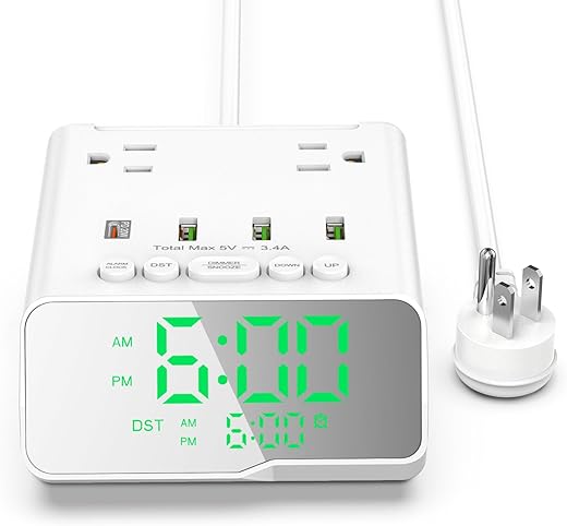 Kungfuking Electronic Alarm Clock with USB Power Strip, PD 20W Alarm Clock Charging Station with 4 USB Max 3.4A/Port and 2 Outlets, 1700J Surge Protection Desk Outlet for Travel, Home, Hotel