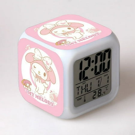 Kuromi Melody Hello Kitty Cinnamoroll Pochacoo Alarm Square Clock Cartoon Anime Silent Discoloration Desktop Bedroom LED Display