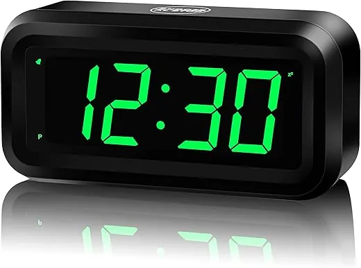 KWANWA Alarm Clock, Small Digital Clock, 1.2inch Green LED Clock, Adjustable Brightness, Dim Night Mode, 12H/24H, Battery Operated, Wall-Mounted, Snooze, Clock for Bedroom, Travel Clock, Kids Clock