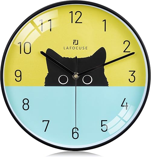 Lafocuse Silent Non Ticking Black Cat Wall Clock for Cat Lovers, Colorful Wall Clocks Battery Operated 12 Inch, Cute Cat Clock for Kids Bedrooms Living Room