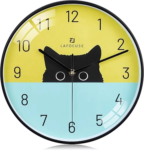 Lafocuse Silent Non Ticking Black Cat Wall Clock for Cat Lovers, Colorful Wall Clocks Battery Operated 12 Inch, Cute Cat Clock for Kids Bedrooms Living Room