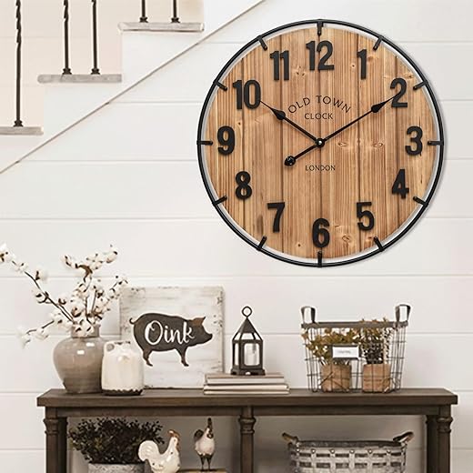 Large old town farmhouse wall clock-Large Wall Clock 24 Inches - Rustic Antique Wood with Metal Circle and Large Numerals Silent Battery Operated Wall Clock for Office Kitchen Bedroom Living Room