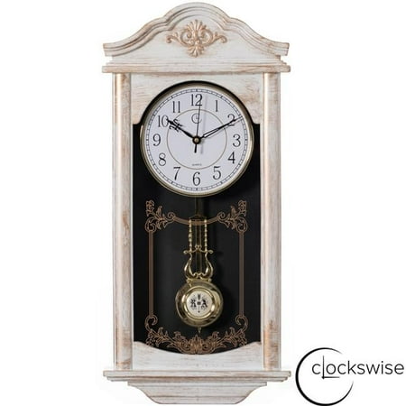 Large Vintage Grandfather Wood- Looking Plastic Pendulum Wall Clock for Living Room, Kitchen, or Dining Room, Large White