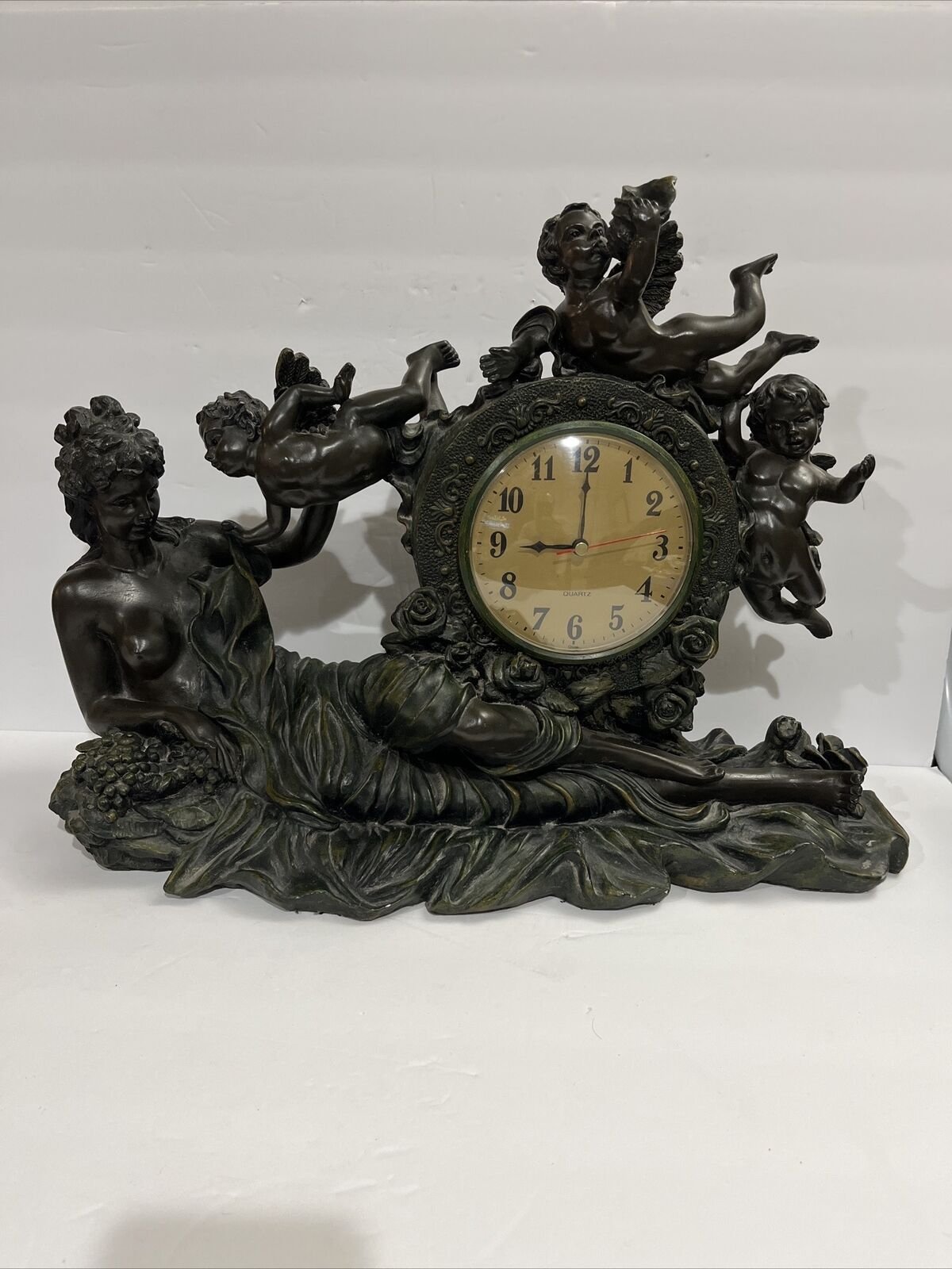 Large Vintage Ornate Desk Clock Nude Victorian Lady And Cherubs Statue Resin