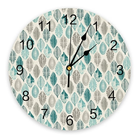 Leaves Grey Teal Burlap Bottom Round Wall Clock Creative Home Decor Living Room Quartz Needle Digital Wall Clocks Hanging Watch