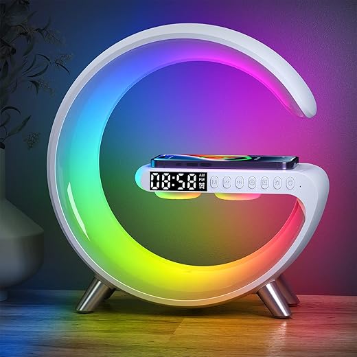 LED Wireless Charger Ambience Light, Multifunctional Table Lamp Alarm Clock Bedside Night Light Smart Bluetooth Audio Lamp Suitable for Bedroom Home Decoration (White)