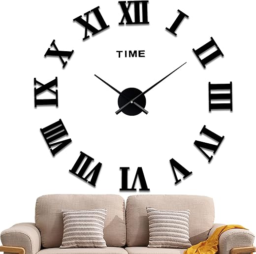 LIDNADY Roman Numerals DIY Wall Clock,3D Frameless Wall Clock,Large Modern Design Decor Sticker DIY Wall Clock Kit for Bedroom Living Room Home Decorations,Adjustable Size and Easy to Assemble (Black)