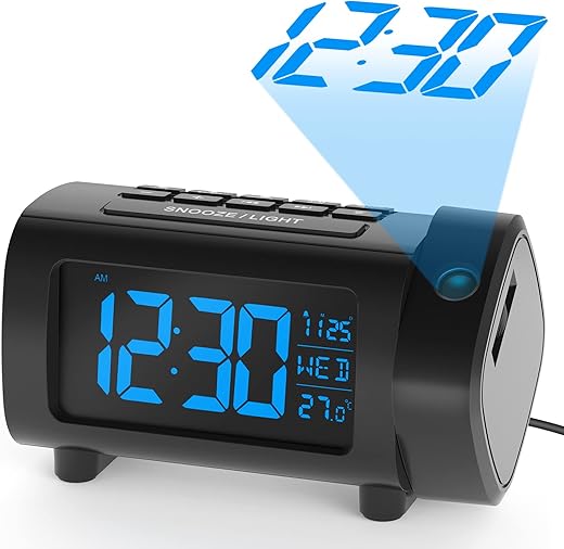 LIORQUE Projection Alarm Clock for Bedroom, Radio Alarm Clock with Projection on Ceiling Wall, Digital Clock Projector with 2-Color Display, 4-Level Dimmer, Temperature Monitor, 12/24H