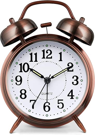 Loud Alarm Clock for Heavy Sleeper, 4 Inches Twin Bell Battery Operated Metal Alarm Clocks with Night Light for Bedrooms, Retro Analog Alarm Clock for Adults, Silent Non-Ticking (Red Brown)