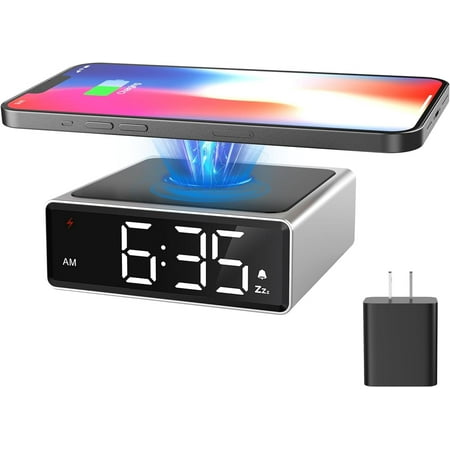 MeesMeek Alarm Clock Wireless Charging - Clear LED Metal Wireless Charger Clock with 3 Brightness 12/24H Snooze for Bedside Bedroom Office (Silver)