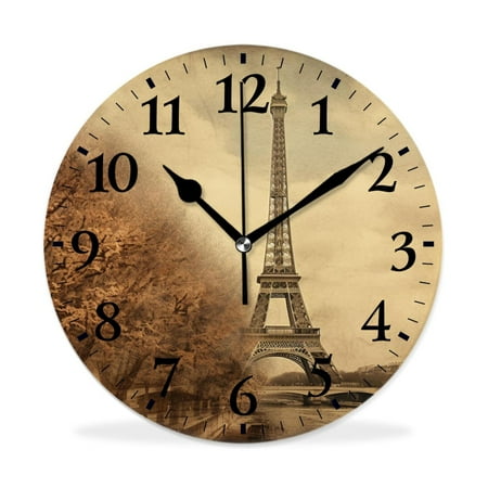 MEOSLZUT 10 inch Round Wall Clock,Eiffel Tower Retro Paris Beautiful Drawing,Silent Non Ticking Wall Clocks for Living Room Kitchen Bedroom