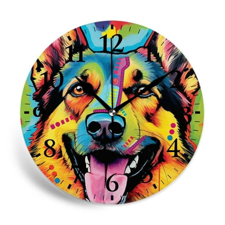 MEOSLZUT 10 inch Round Wall Clock,German Shepherd Drawing,Silent Non Ticking Wall Clocks for Living Room Kitchen Bedroom