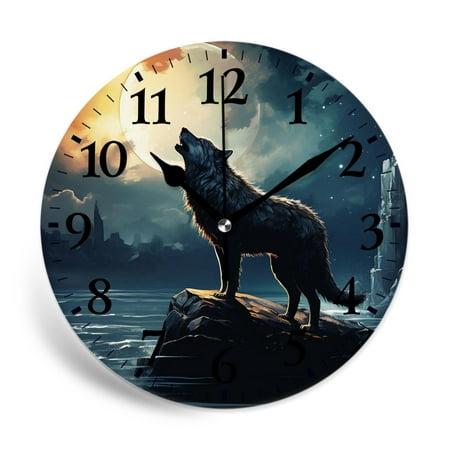 MEOSLZUT 10 inch Round Wall Clock,Howling Lonely Wolf Cute Drawing,Silent Non Ticking Wall Clocks for Living Room Kitchen Bedroom