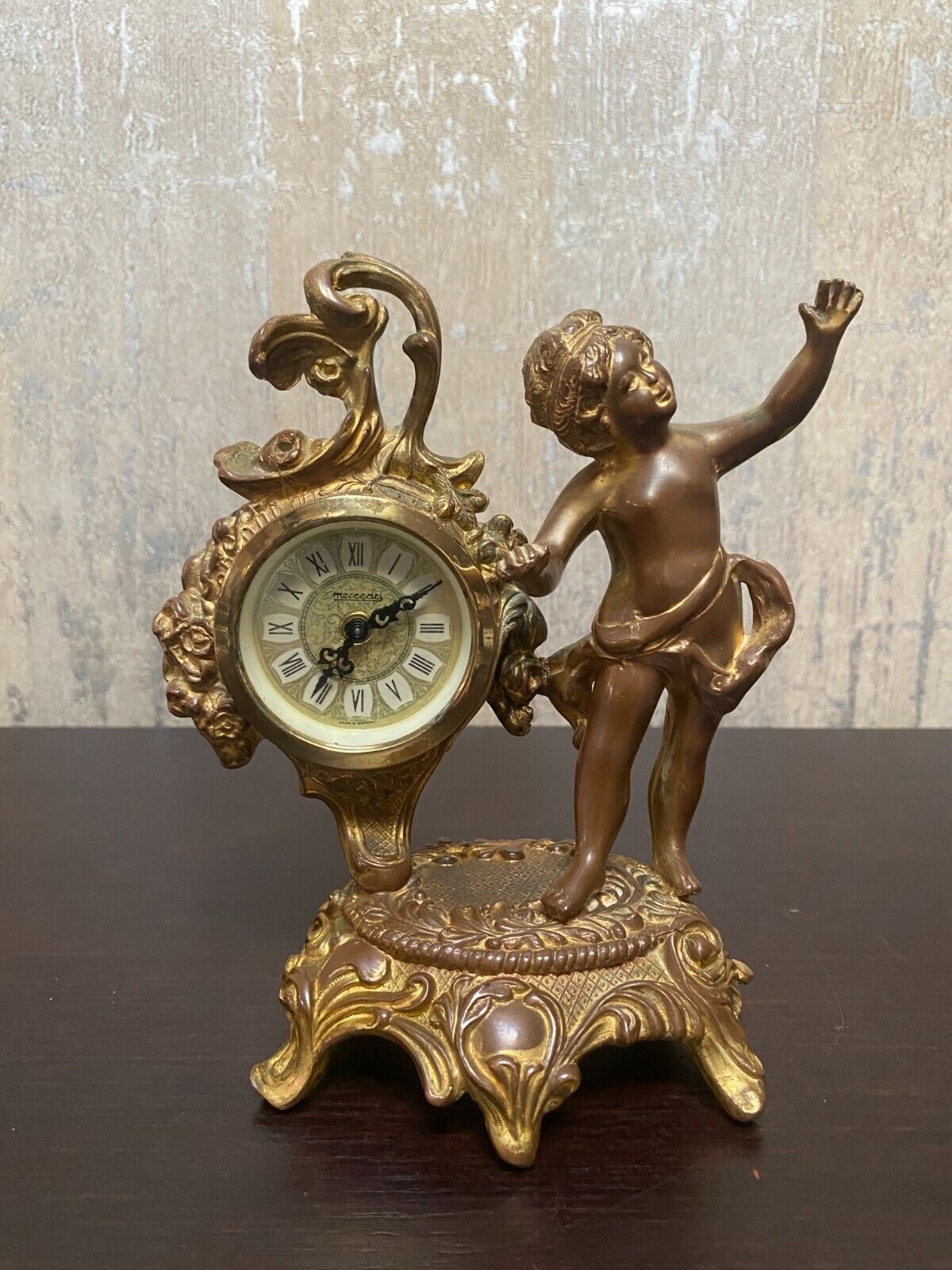 Mercedes Table Mechanical Clock Brass with Cherub Germany Works