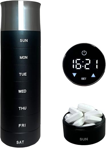 Metal Aluminum Alloy Travel Pill Organizer with Display, Touchscreen with 4 Alarms, USB Charge, Portable, Waterproof Weekly Pill Box, BPA Free 7 Day Daily Organizer Holder for Medicine, Vitamin